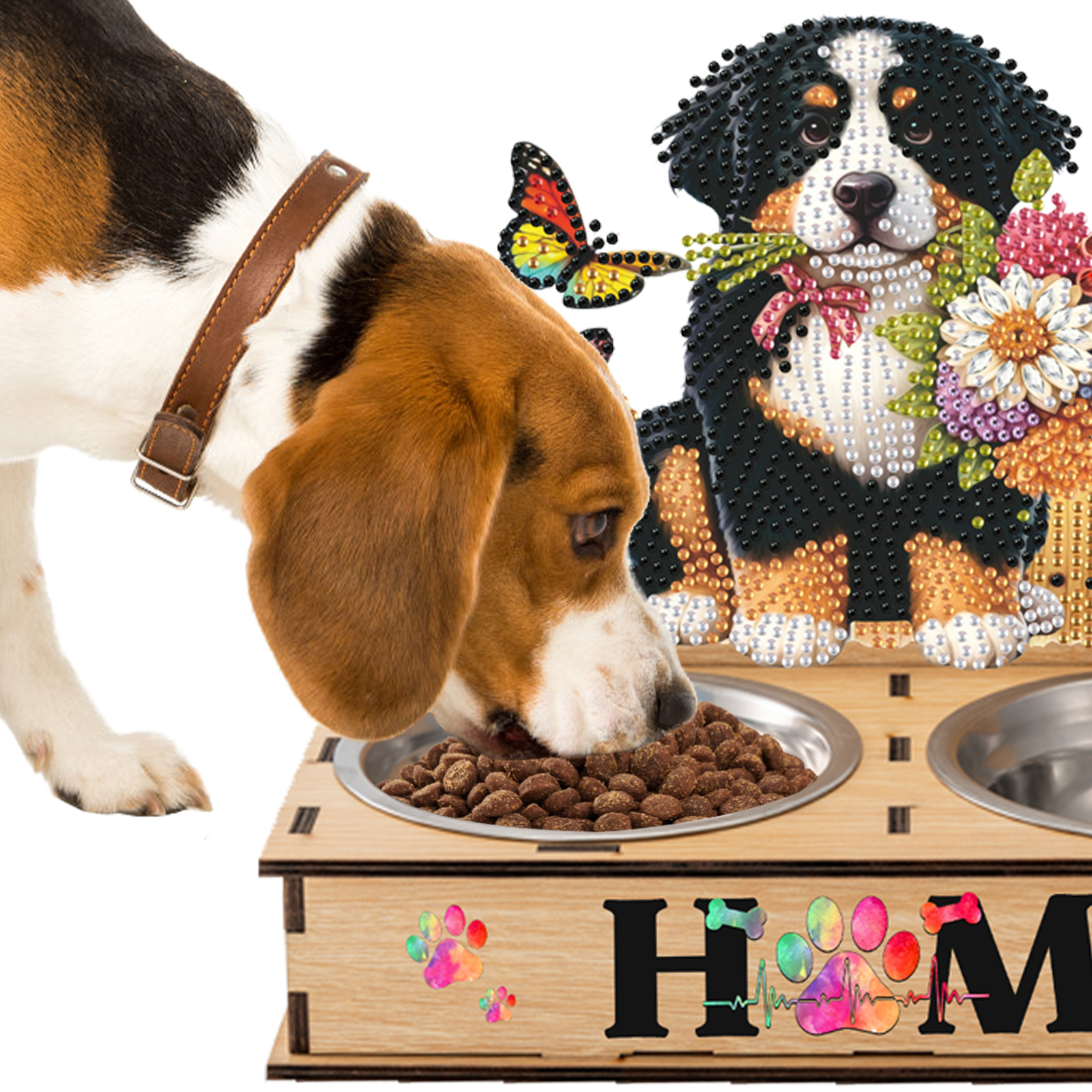 Diamond Painting Food Bowl with Wood Stand Diamond Art Dog Bowl for Small Dogs