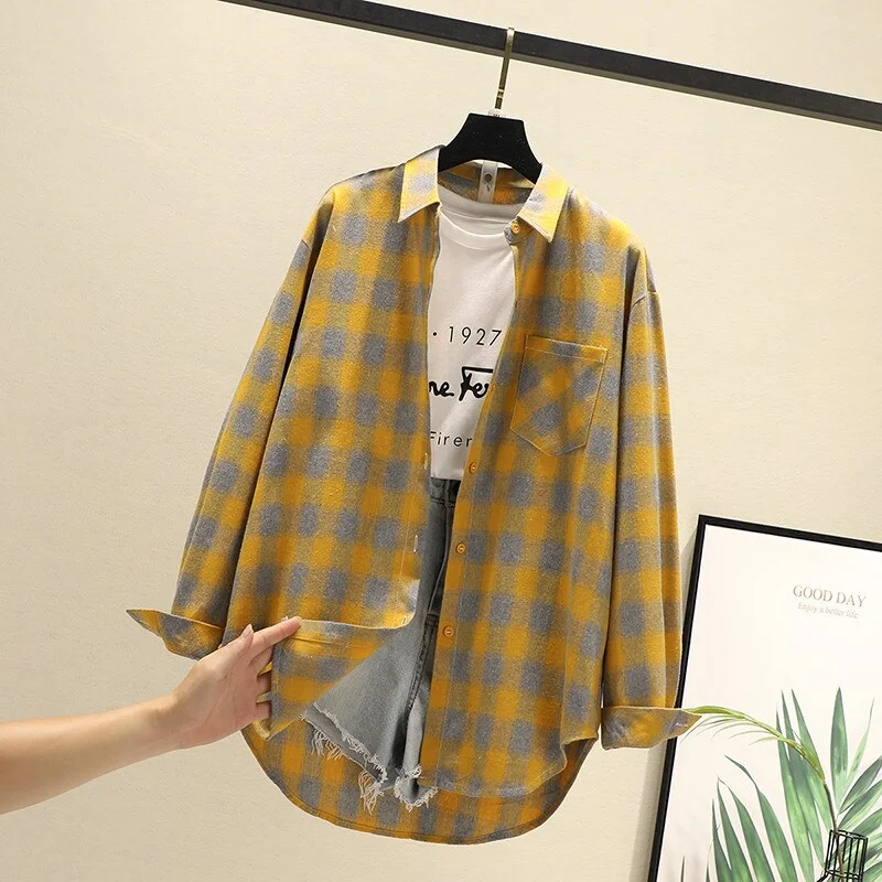 Women Blouses Shirts Tunic Womens Tops 2020 Long Sleeve Clothing Button Up Down Plaid New Fashion Autumn Turn-down Collar Good