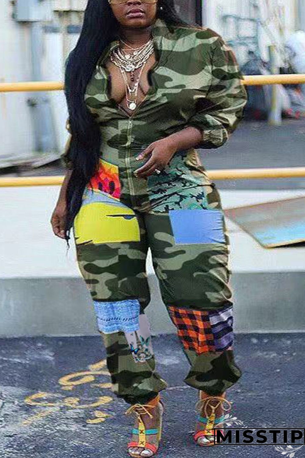 Leopard print Chemical fiber blend Sexy zipper Leopard Print Camouflage Zippered Zipper Plus Size