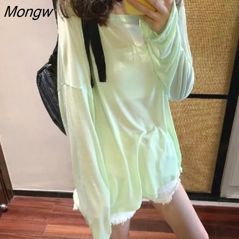 Mongw Sleeve Thin Breathable T-shirts Women Candy Colors Baggy Sexy Sun-protection Outwear Korean Style Sweet Leisure Undershirts