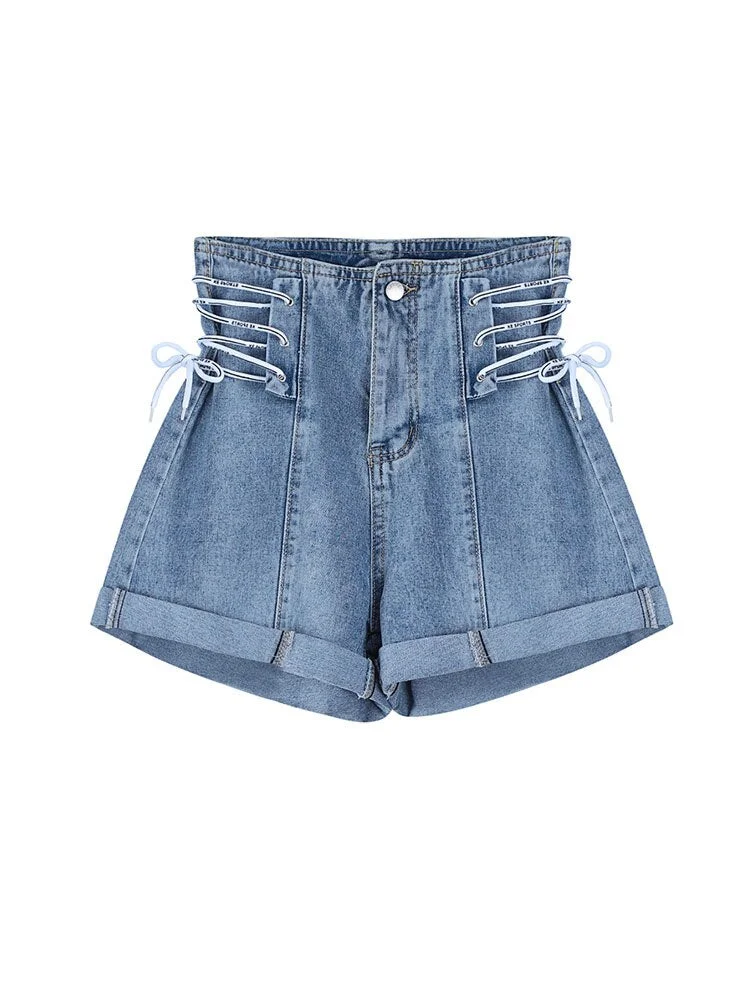 Women&#39;s Jeans Shorts Vintage Fashion Y2K Harajuku Streetwear Baggy High Waist Strappy Cross Summer Hot A-line Denim Short Pants