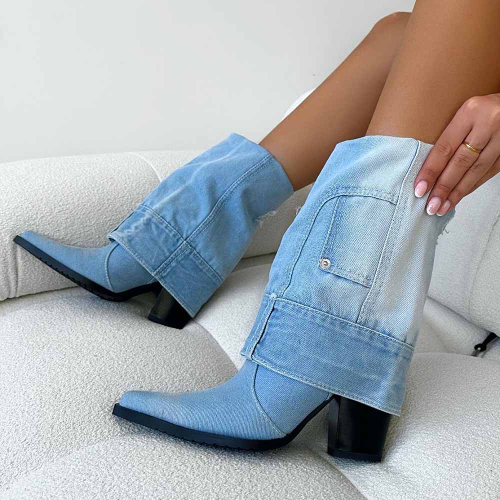 Blue Denim Pointed Toe Chunky Heel Fold Over Boots Nicepairs