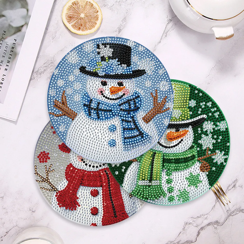 4pcs Snowman Diamond Art Coasters Kits for Home Party and Holiday Decorations