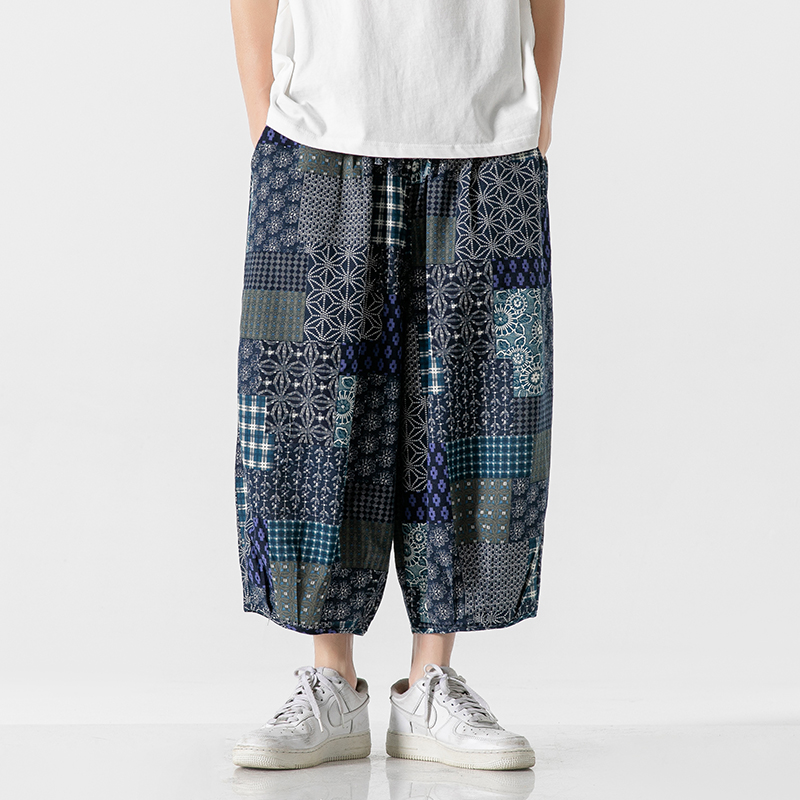 2025 Summer Men Flowers Harem Pants Men Joggers Chinese Style Calf-Length Casual Hanging Crotch Pants Male Capris Trousers
