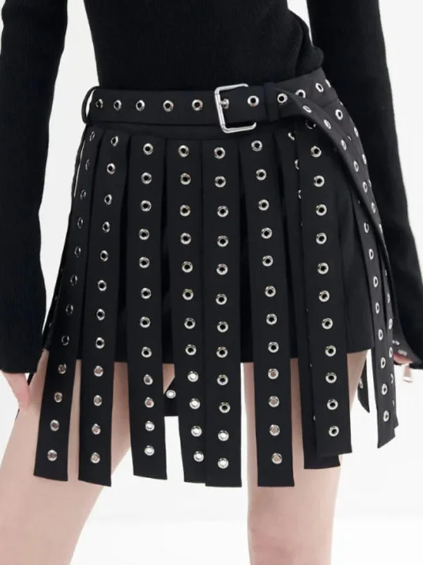 Punk Black High Waisted Belt Buckle Hollow Tasseled A-Line Skirt