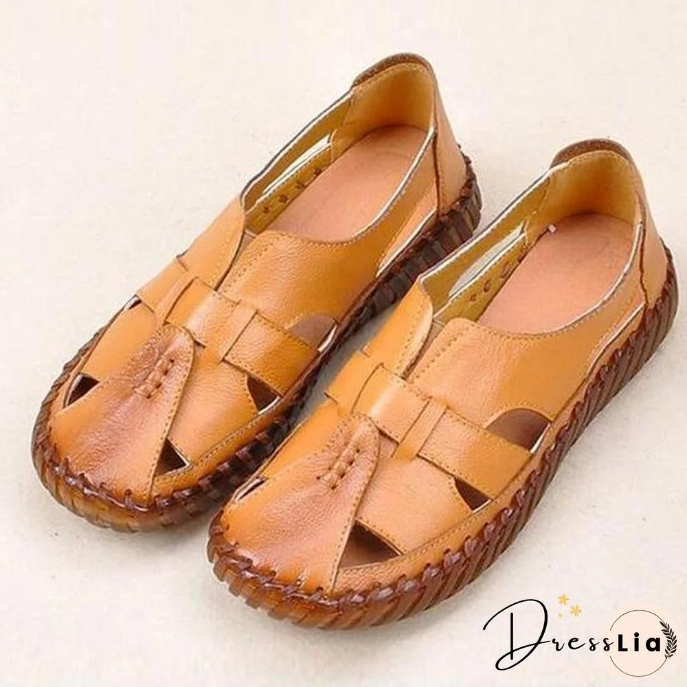 Women Genuine Leather Handmade Sandals Retro Style Mother Flats Shoes