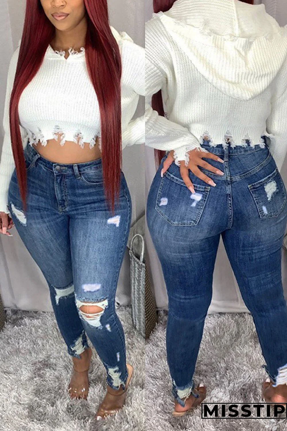 Black Fashion Casual Solid Ripped Plus Size Jeans