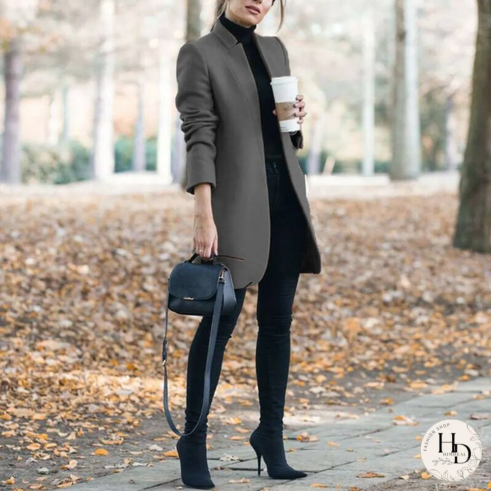 New Autumn and Winter Fashion Womens Solid Color Stand-Up Collar Woolen Coat Lapel Wool