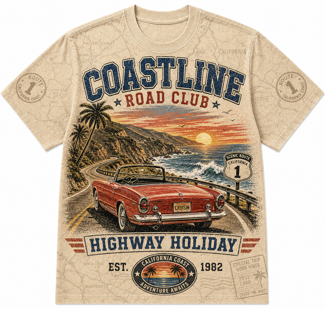 Surf Coastline Road Cotton T-Shirt - Cream / Blue / Orange