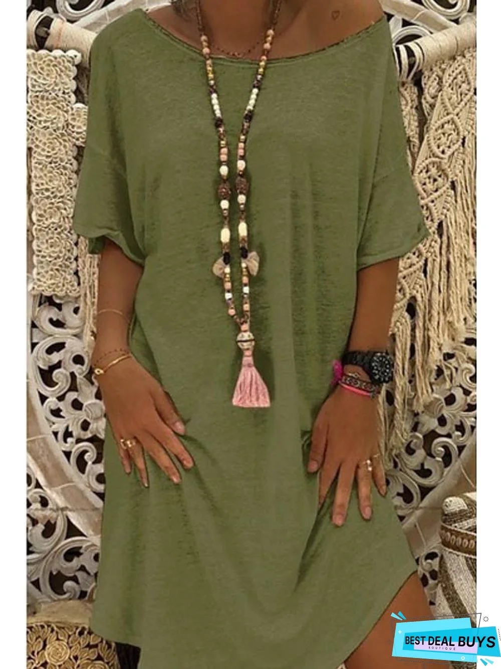 Women's T-Shirt Dress Tee Dress Knee Length Dress - Sleeveless Blue Yellow Blushing Pink Khaki Green-0220803