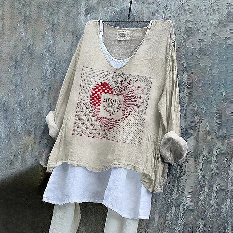 Women's Geometric Heart Embroidery Linen Blend Shirt