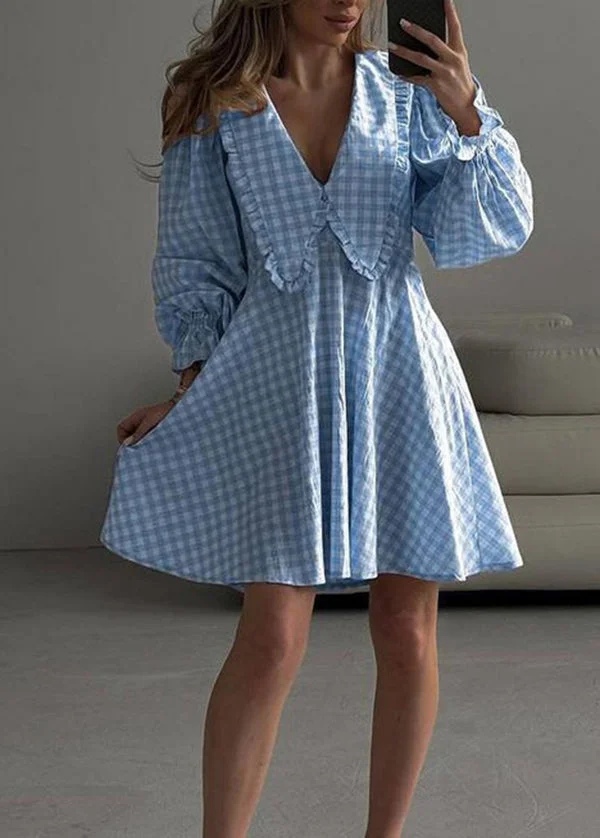 French Blue Plaid Ruffled Cotton Day Dress Flare Sleeve