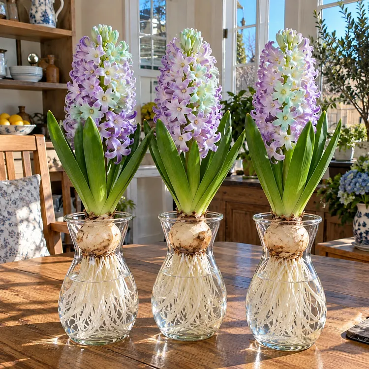 Fragrant pastel Hyacinths blooming in glass hydroponic vases