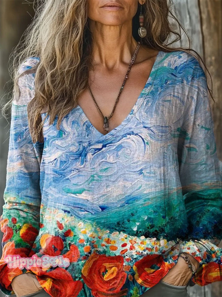 Women’s Gouache Flower Venue Blue Sky And White Clouds Pattern Art Print Casual Long Sleeve