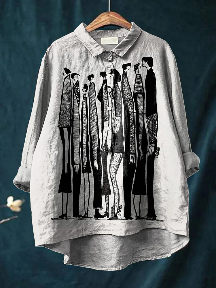 Life In The City Art Printed Women's Casual Cotton And Linen Shirt