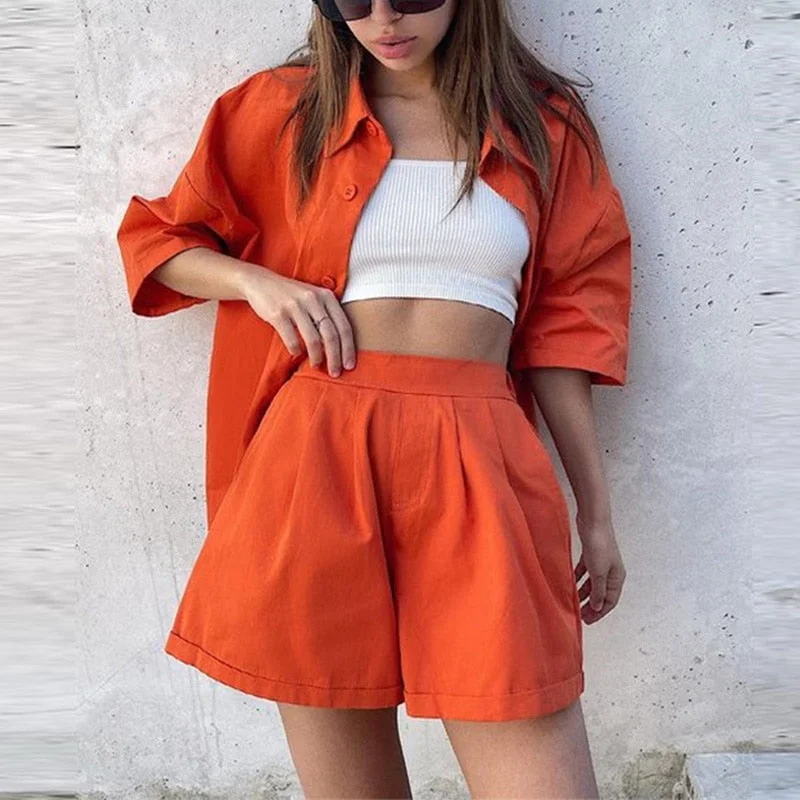 Casual Women Shorts Set Tracksuit Loungewear Two Piece Women Outfits Oversized Long Shirt And High Waist Shorts Green