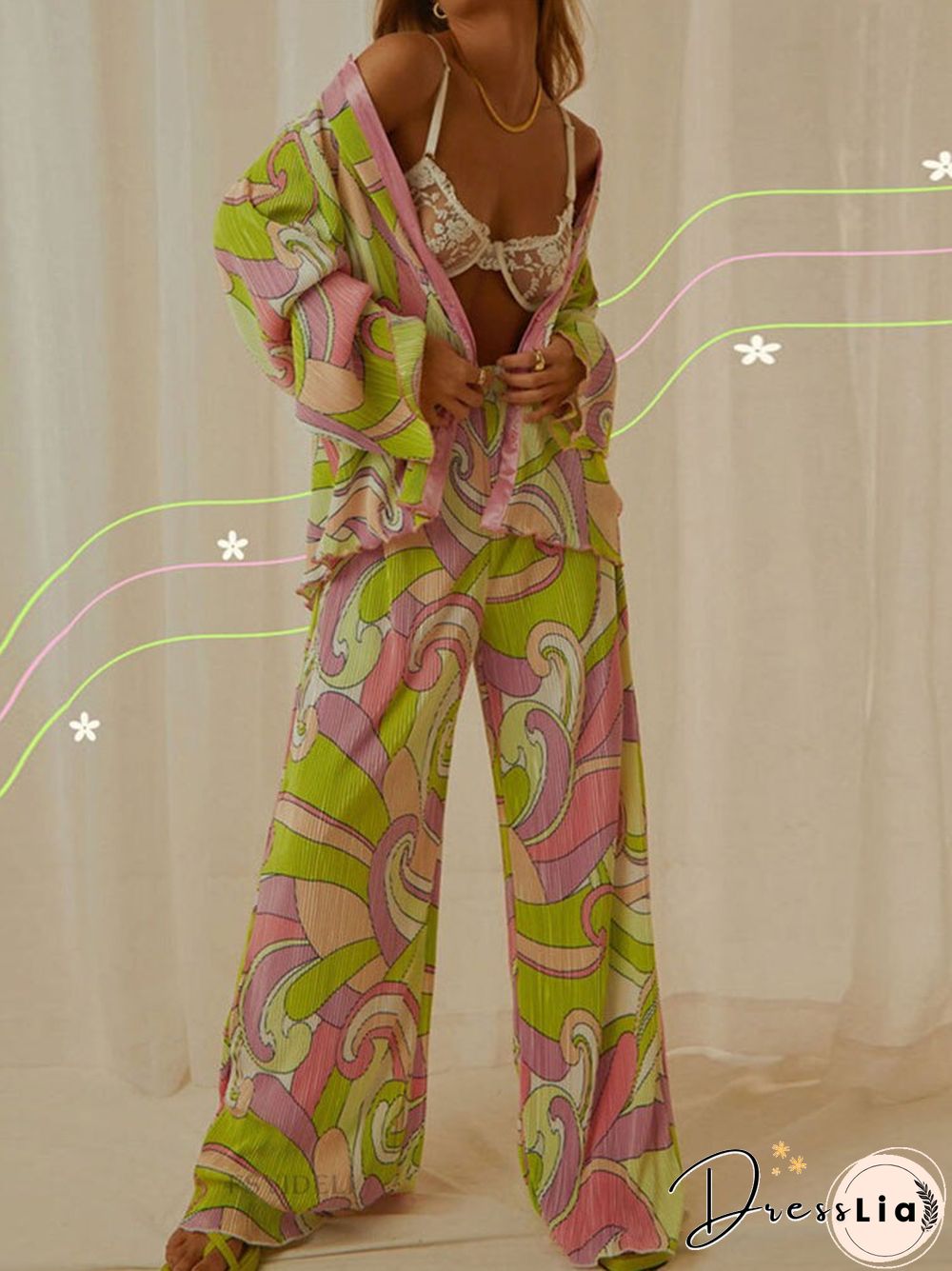 Spring Summer Women Shirt Suits New Cute Fashion High Street Flower Print Long Sleeve Lapel Cardigan + Long Pants Two Piece Set