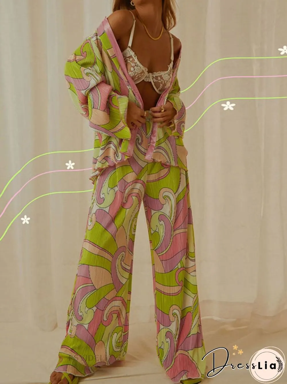 Spring Summer Women Shirt Suits New Cute Fashion High Street Flower Print Long Sleeve Lapel Cardigan + Long Pants Two Piece Set