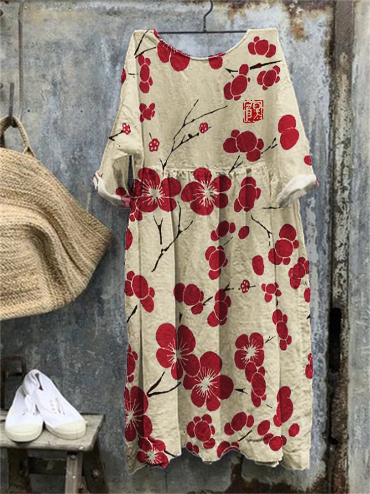 VChics Cherry Blossom Japanese Lino Art Oversize Maxi Dress