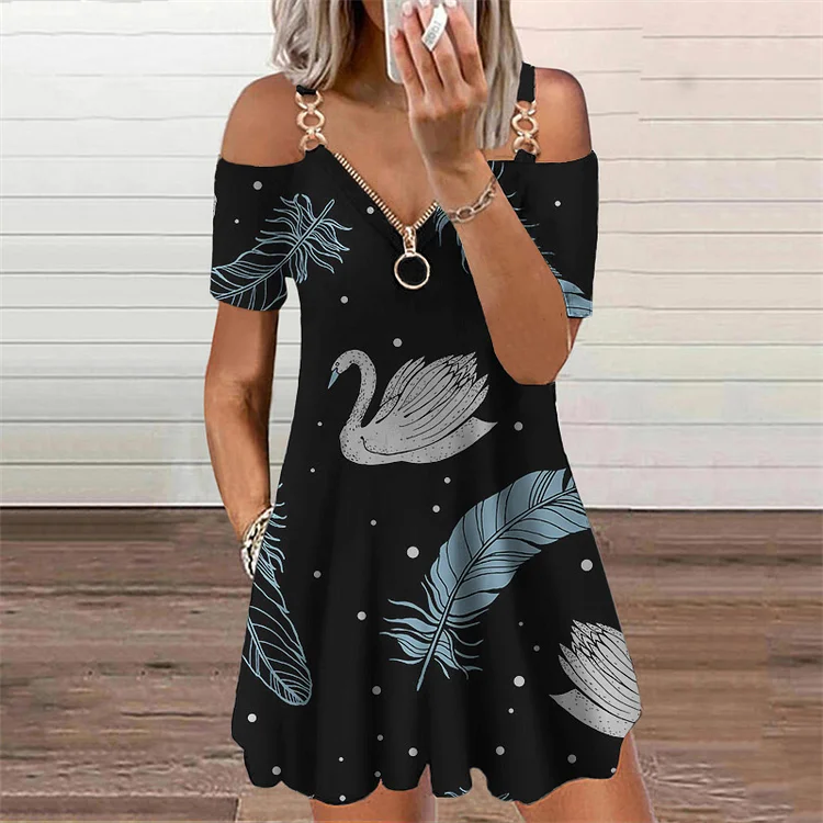 Butterflies Print Elegant Fashion V-Neck Off Shoulder Casual Mini Dresses