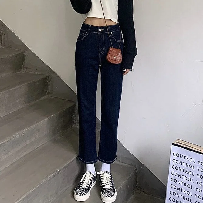 Jeans Women Spring Cozy Female Straight Split Denim Trouser Fashion Korean Streetstyle Casual Ulzzang Pocket Mujer De Moda Daily