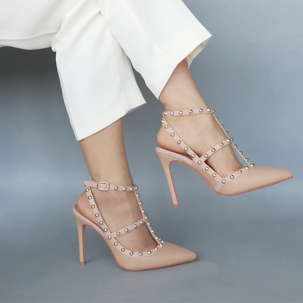 100mm Heels Strap Sandals with Pointed Rivets for Women Slingback Pumps Closed Toe Nude Matte Sandals-vocosishoes