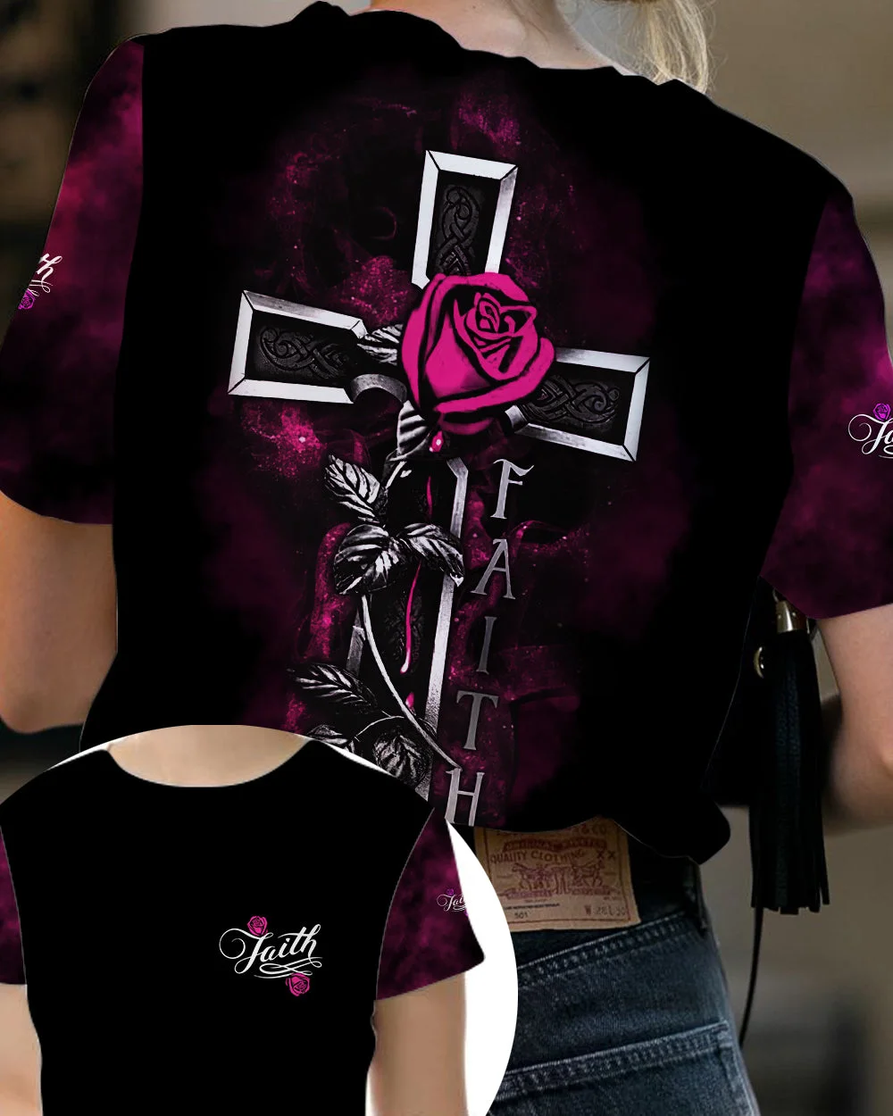 Faith Rose Cross Dark Breast Cancer Tee