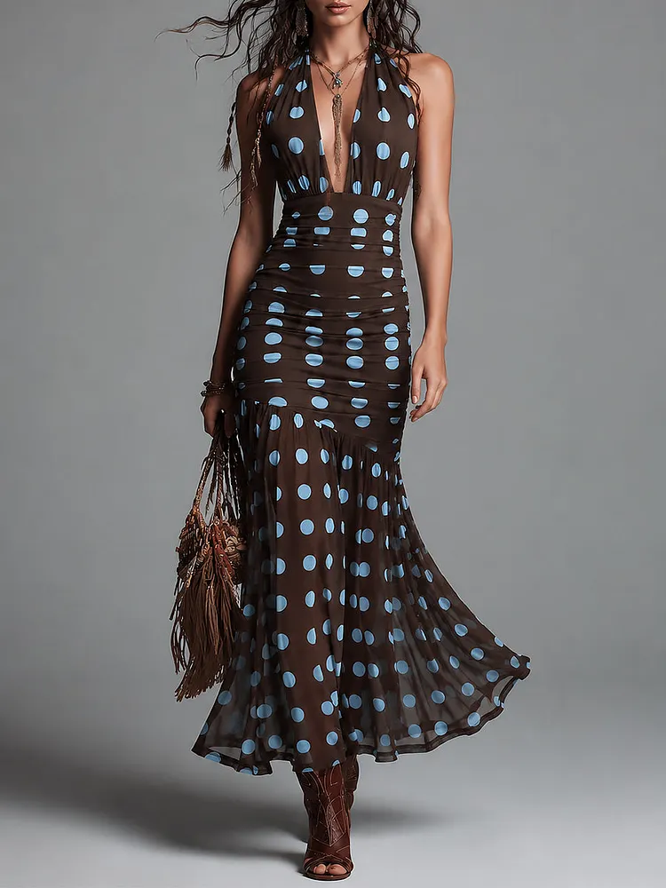 Elegant Halter-neck Polka-dot Mesh Mermaid Maxi Dress