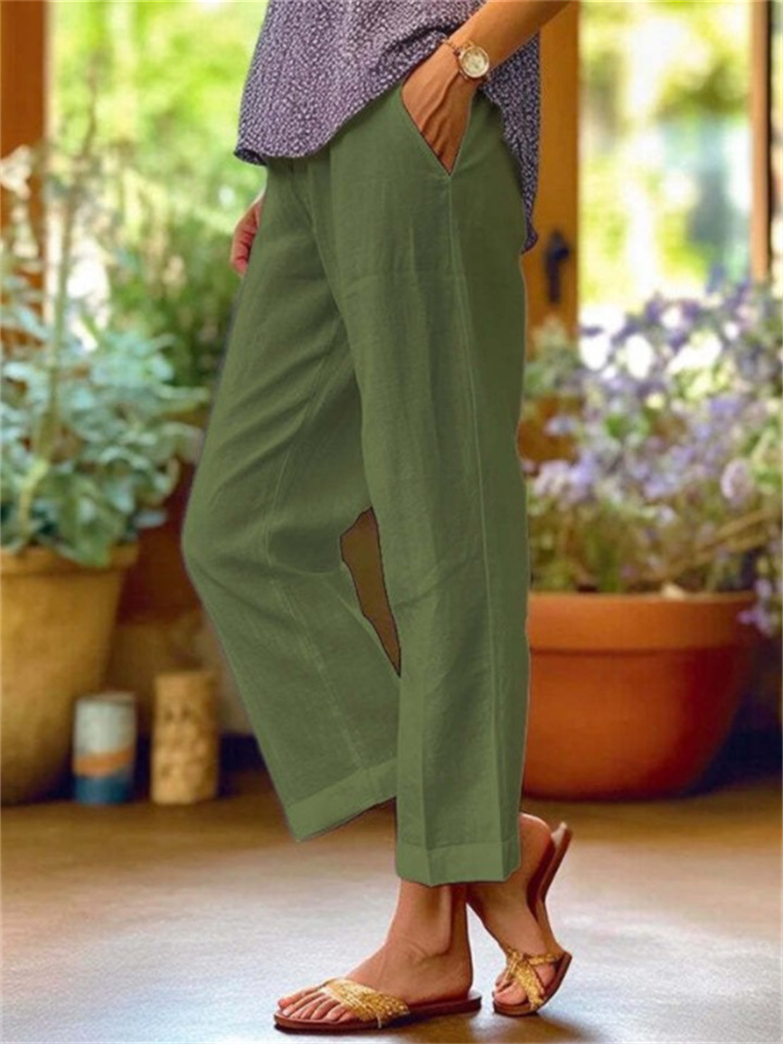 Women's Cotton Linen Loose Solid Color Elastic Waist Straight Casual Pants Plus Size Nine Pants-JRSEE