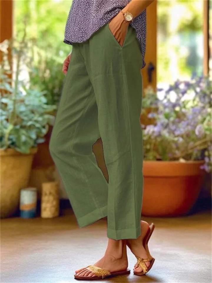 Women's Cotton Linen Loose Solid Color Elastic Waist Straight Casual Pants Plus Size Nine Pants-JRSEE