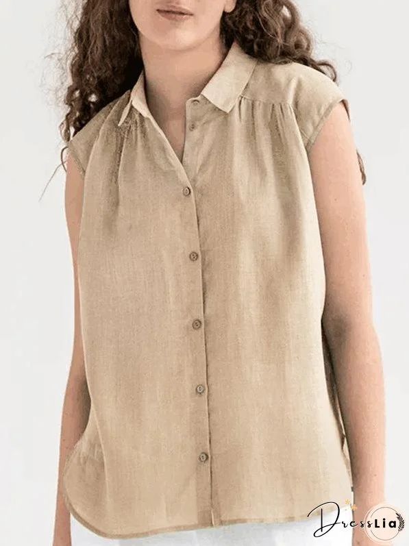 Cotton and Linen Simple Casual Sleeveless Solid Color Shirt