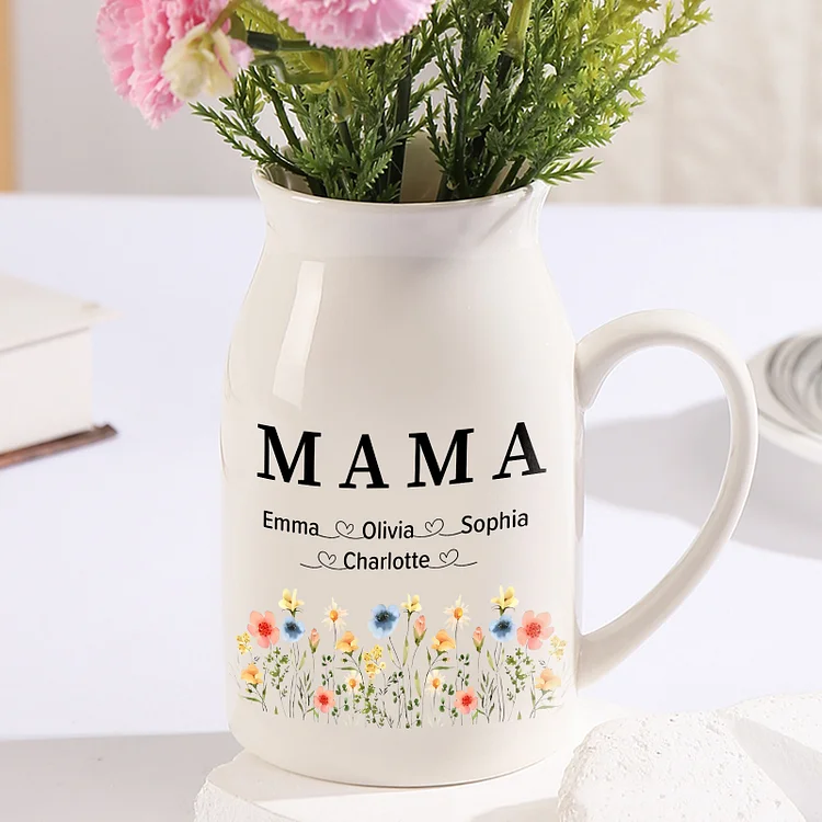 Kettenmachen Personalisierte 4 Namen & Text Bunte Blumen Familie Vase