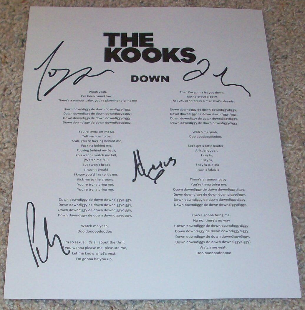 THE KOOKS GROUP SIGNED AUTOGRAPH DOWN LYRICS SHEET w/PROOF LUKE PRITCHARD +3