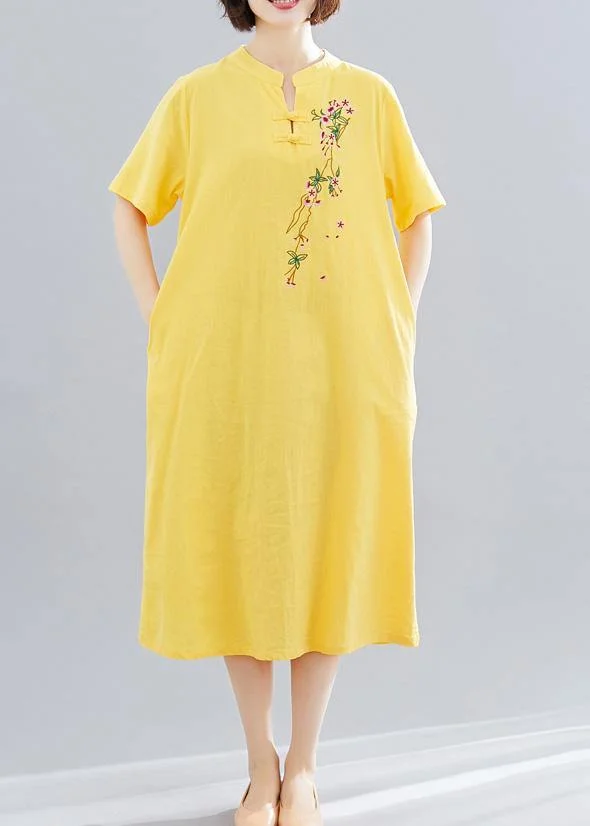 Women yellow embroidery cotton clothes short Maxi summer Dress