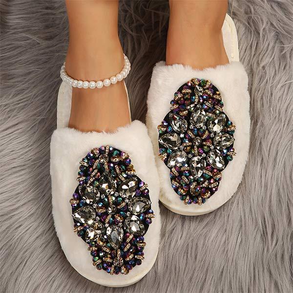 Women's Rhinestone-Embellished Furry Slippers with Closed Toes