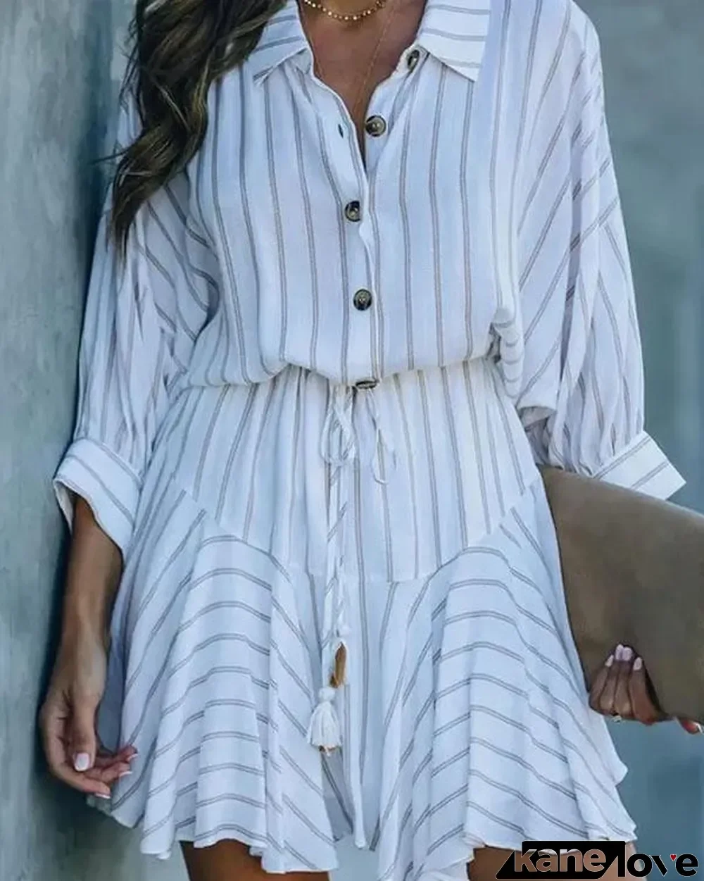 Striped Lace Up Shirt Dress