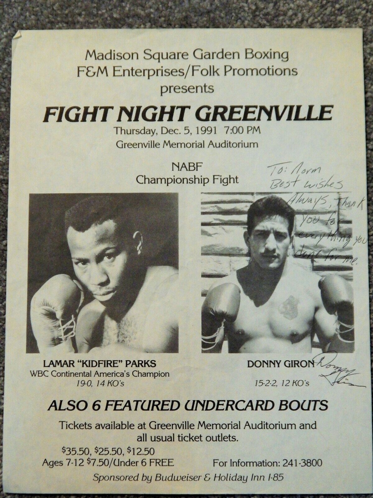 DONNY GIRON BOXING Hand Signed 11 X 8 1/2 PROMO AD 1991 GREENVILLE BOUT