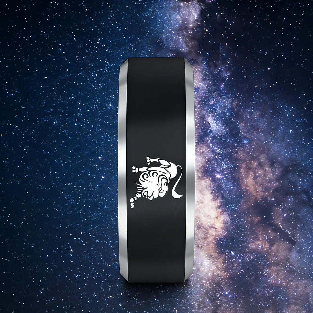 Black Leo Tungsten Carbide Rings Beveled Edges Black Laser Etched Couple Wedding Bands 4MM 6MM 8MM Width