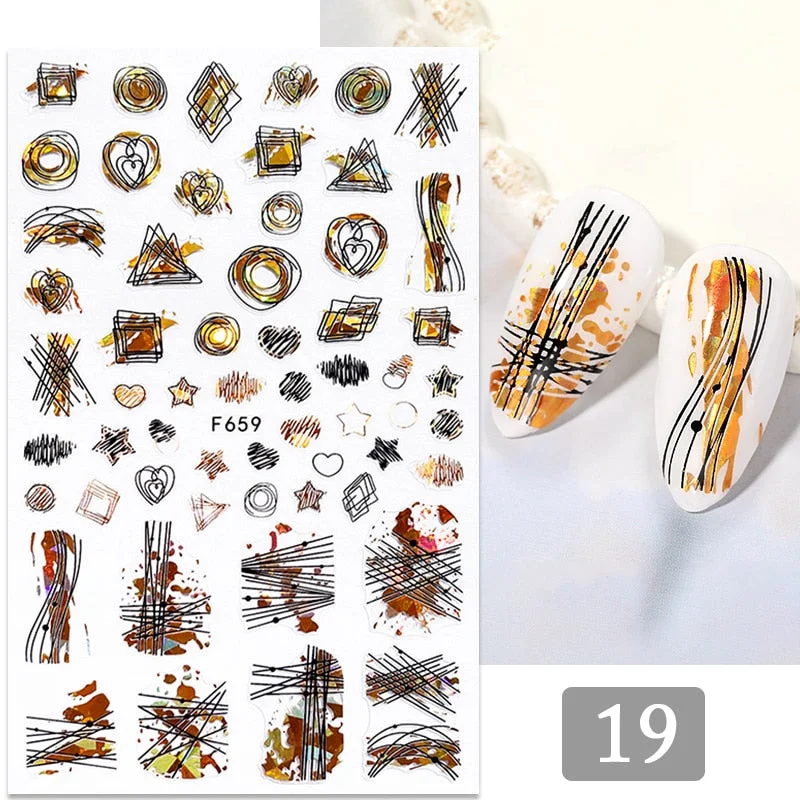 1PC Gold Black Bronzing Leaves Tree 3D Nail Sticker Iridescent Geometrics Lines Adhesive Transfer Sticker DIY Nail Decoration-Nail Inspo