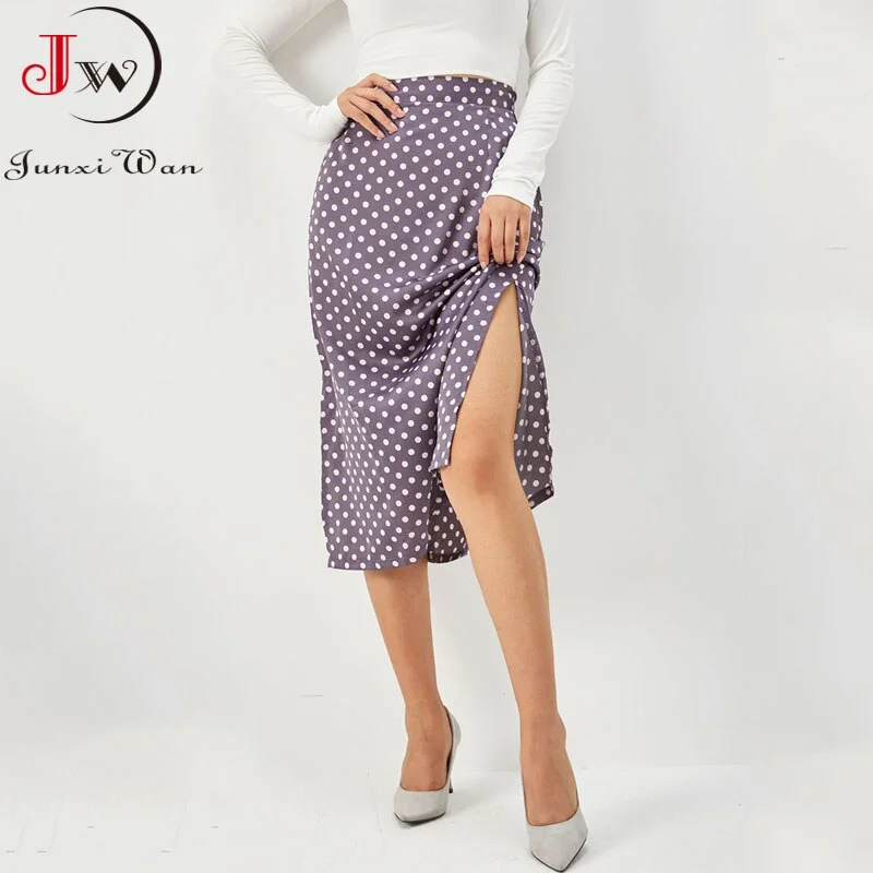 Spring Summer Slim Split Satin Skirt Women High Waist Zipper Polka Dot Bodycon Long Skirts Elegant Chic Office Party Clothing