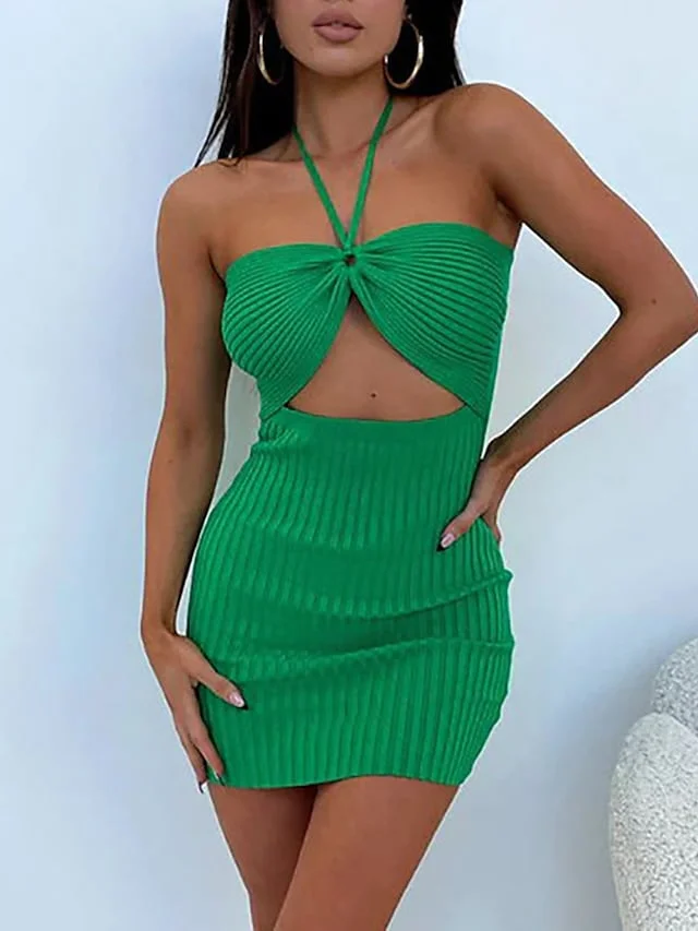 Women‘s Sweater Dress Bodycon Sheath Dress Mini Dress Pink Blue Green Sleeveless Pure Color Cut Out Winter Fall Spring Strapless Fashion 2022 S M L | IFYHOME