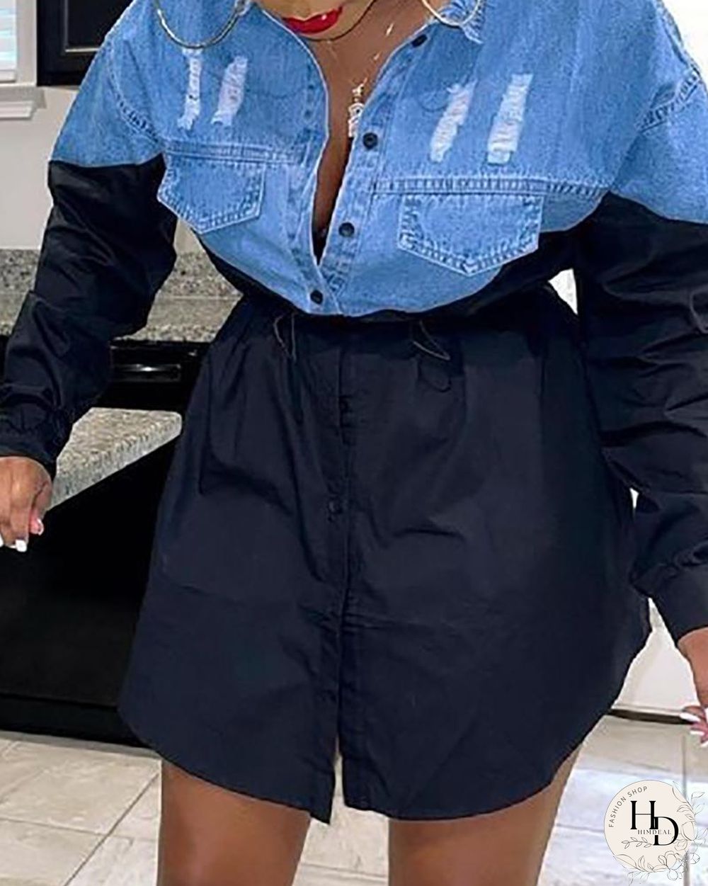 Colorblock Button Front Ripped Denim Patch Shirt Dress