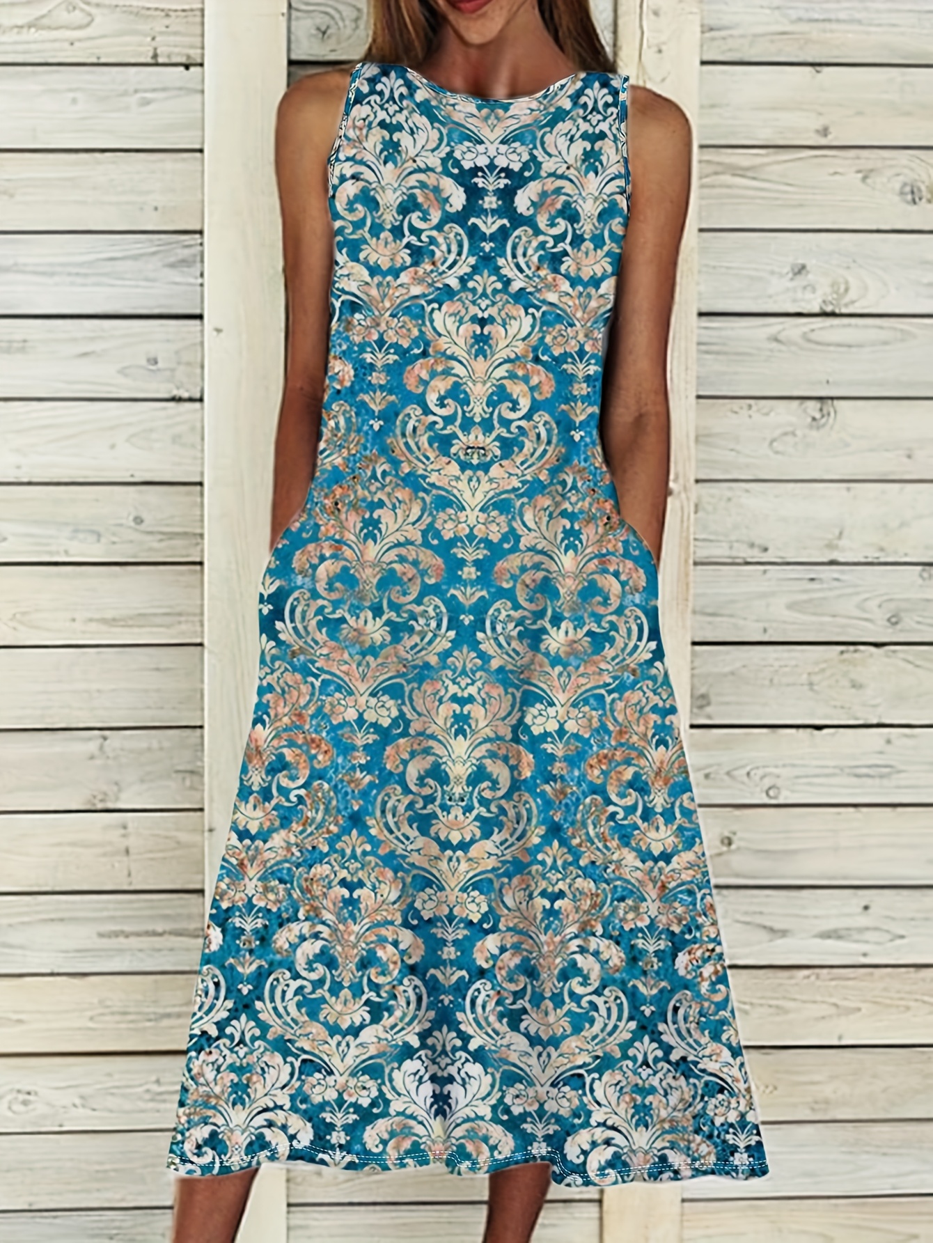 Vintage Bohemian Floral Print Sleeveless Vest Dress - Blue & White Ethnic Pattern, Round Neck, Machine Washable Lightweight Summer Dress For Women, Casual Outdoor Attire, Spring Outfit, Breathable Fabric, Boho Lover | IFYHOME