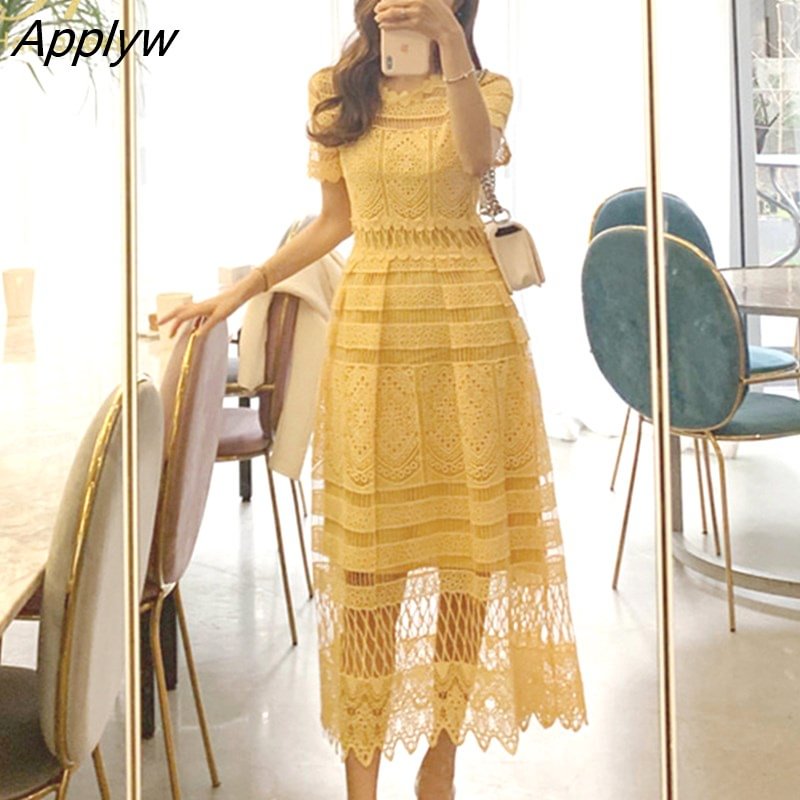 Applyw Han Queen Hot sale Yellow Hollow Out Hook Flower Solid Lace Dress Korean Summer Short Sleeve Women Elegant Long Dresses