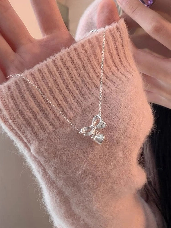 925 Sterling Silver Plating Bow Knot Pendant Necklace