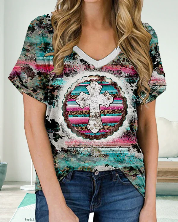 Faith In Western Turquoise Leopard Bleached V-Neck Print Short Sleeve T-shirt