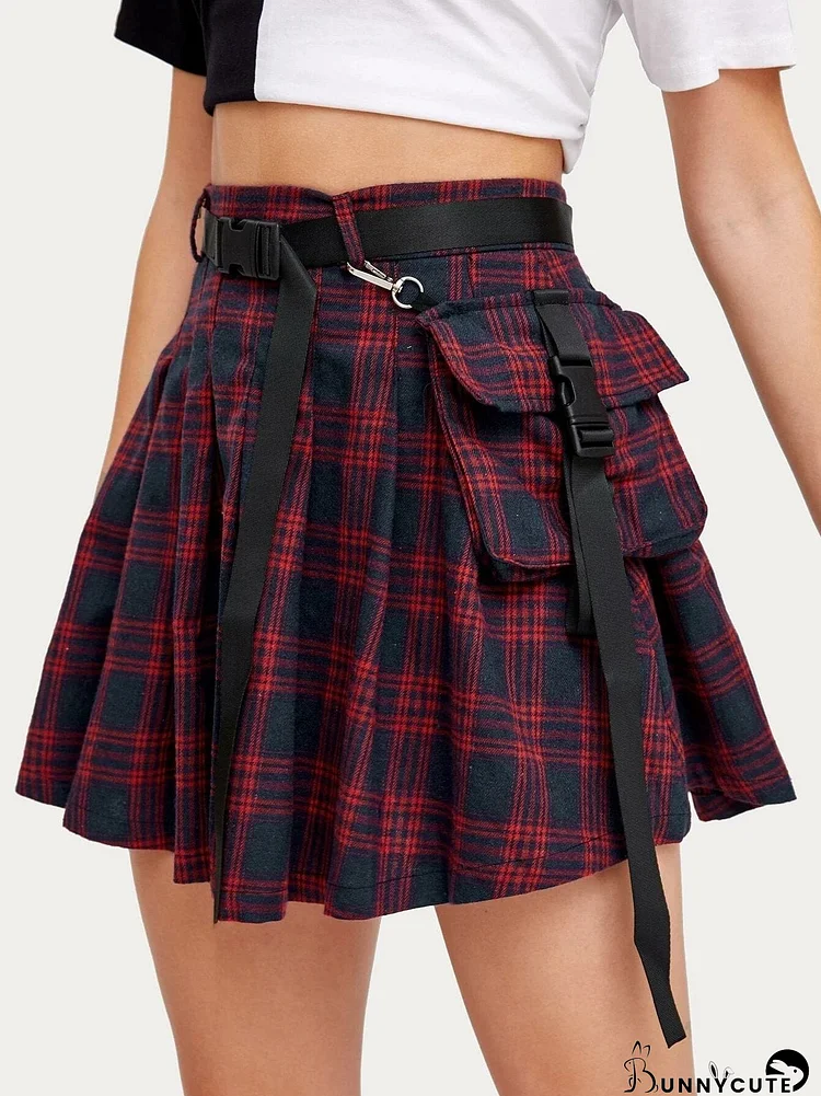 Pouch Side Belted Tartan Skirt for Women