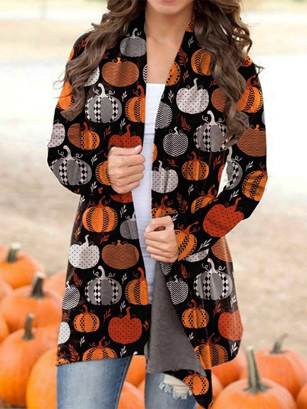 Casual Long Sleeve Plus Size Printed Cardigan