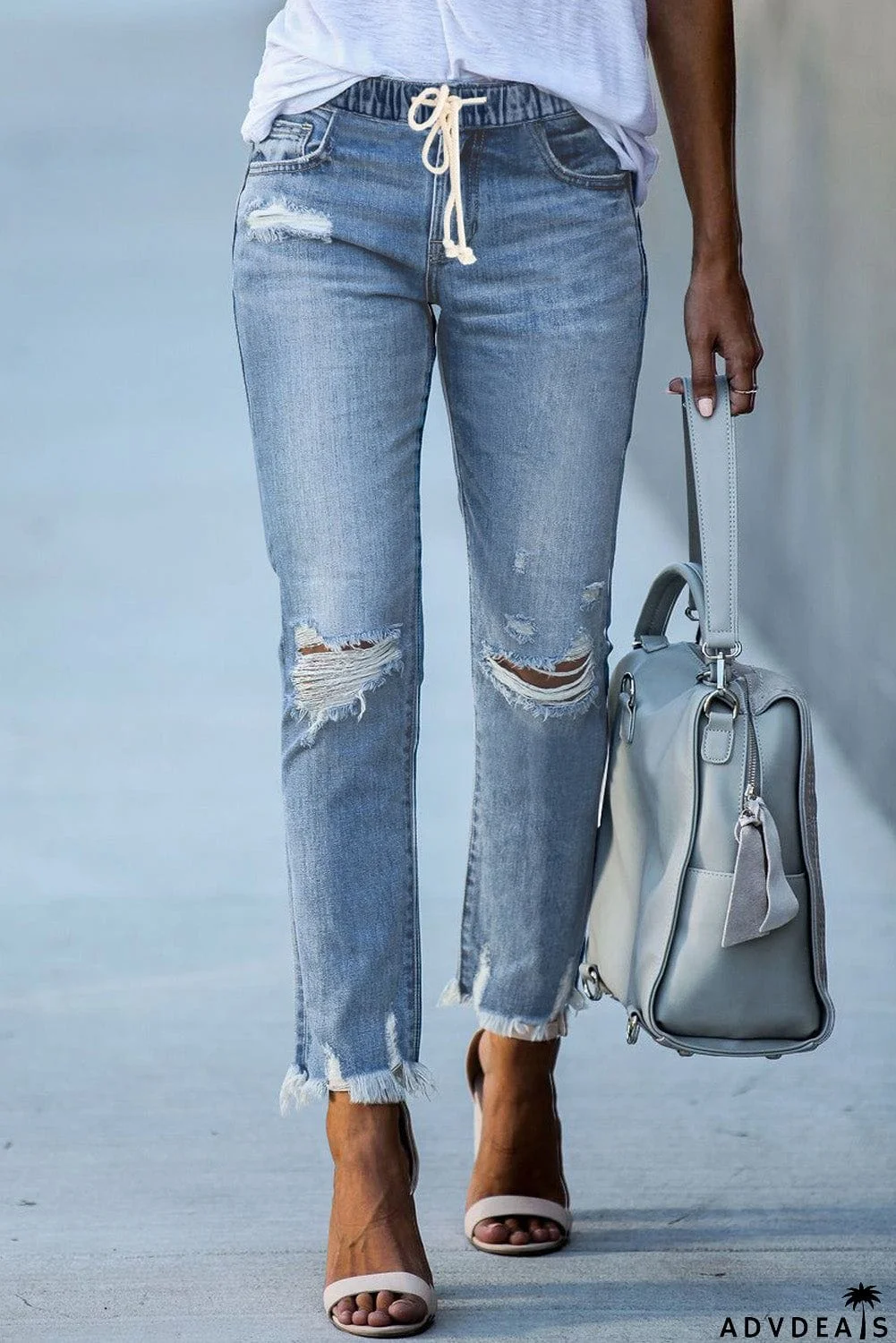 Light Blue Elastic Waist Straight Leg Destroyed Raw Hem Jeans