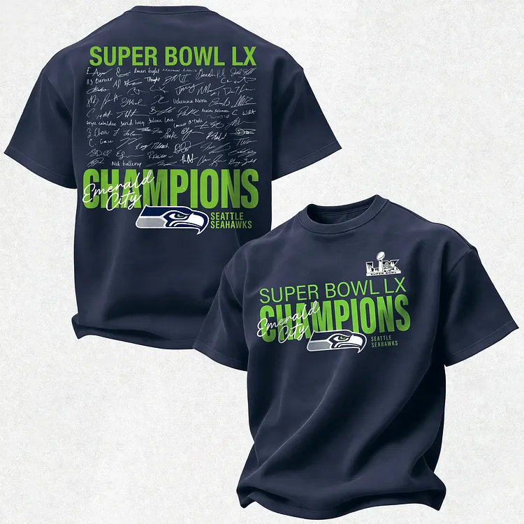 Super Bowl Lx, Champions, Seattle Seahawks, Emerald City Printed Men's T-shirt